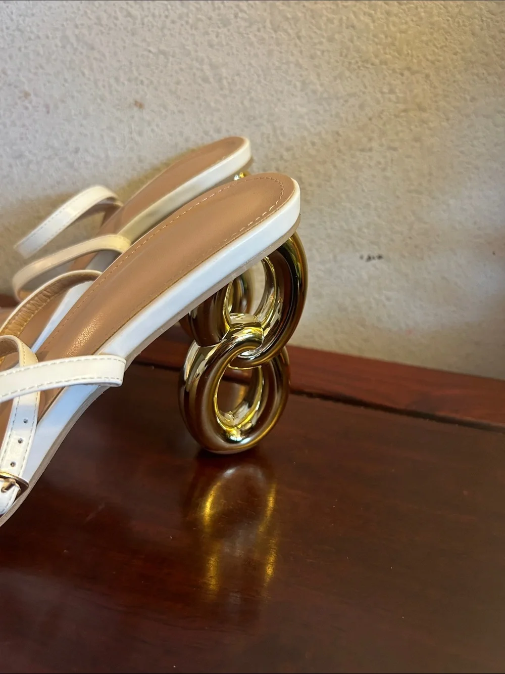 White Strappy Heeled Sandals with Sculptural Gold Ring Heel